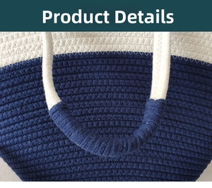 Detail of blue and white contrast cotton rope woven beach bag with reinforced stitching