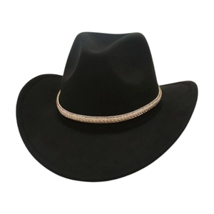 Classic black wide brim cowboy hat with woven trim for vacation and stage performance