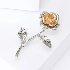 Fashionable retro two-tone rose flower brooch in gold and silver finish for women