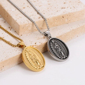 Vintage Virgin Mary Of Guadalupe Oval Relief Pendant Necklace Box Chain Gold Plated Metal Trendy Religious Jewelry