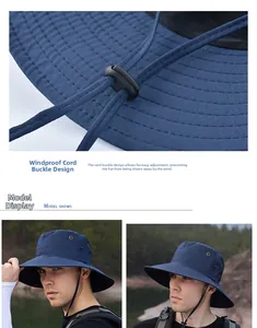 Detail of adjustable windproof rope and plastic buckle on navy sun hat with wide brim