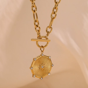 18K gold plated octagram sunburst pendant necklace with OT buckle and crystals