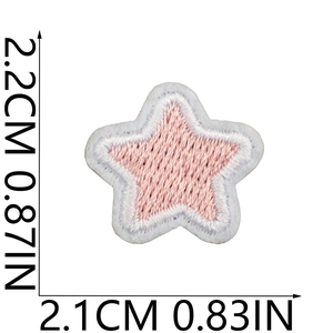 Detail view of pink star embroidered patch with dimensions 2.1cm by 2.2cm on white background