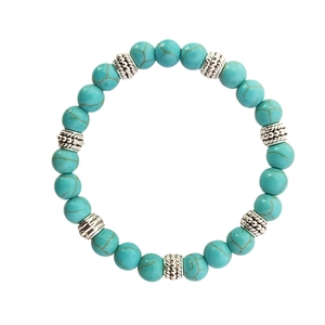 8mm turquoise and map stone elastic bracelet with silver-tone hollow metal beads