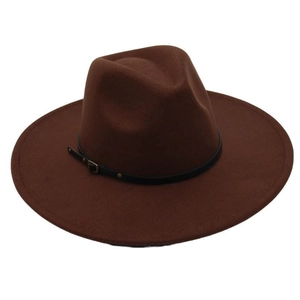 Close-up of brown wool felt fedora featuring a black leather band and metal buckle detail