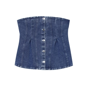 Close-up of washed denim tube top featuring five silver metal buttons and stitching