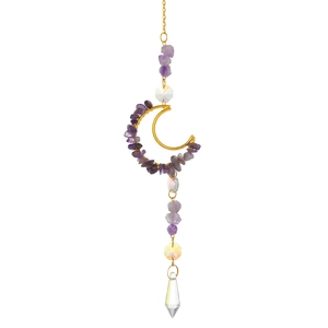Golden crescent moon sun catcher with amethyst stones and hanging crystal prisms