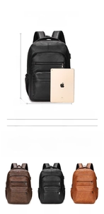 Detail view of large PU leather backpack showing color options and 14-inch laptop size comparison