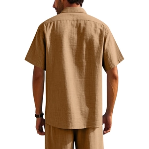 Back view of a casual men's camel linen shirt set with loose fit and textured fabric