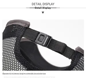 Detail of adjustable snap buckle strap and breathable black mesh on back of outdoor cap