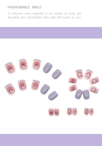 Short square purple ombre press-on nails with white heart line art designs