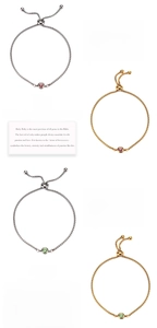 Detailed view of July Ruby and August Olivine birthstone bracelets in gold and silver