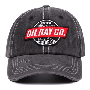 Vintage dark grey washed cotton baseball cap with motor oil embroidery and distressed brim
