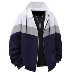 Felpa da uomo con cappuccio e zip con design patchwork a tre colori bianco grigio e blu