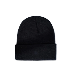 Close-up of the fine knit texture and folded cuff on a minimalist black beanie hat