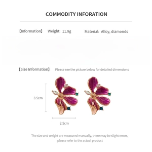 Detail specifications for purple floral alloy earrings with diamonds and dimensions