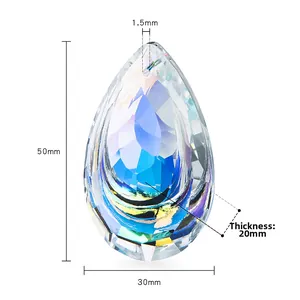 Detailed dimensions of 50mm teardrop AB crystal pendant with multifaceted light refraction