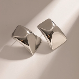 Minimalist square stainless steel stud earrings with a polished silver mirror finish
