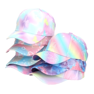 Kids tie-dye baseball caps with butterfly and unicorn patterns for outdoor sun protection