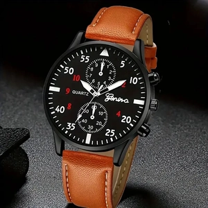 Detailansicht der Geneva Quarzuhr mit schwarzem Zifferblatt und braunem Lederarmband