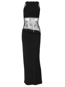 Elegant black sleeveless long dress featuring sexy lace waist detail and backless design