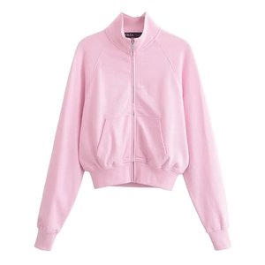 Pink stand-collar zip-up sweatshirt and flared pants set in premium cotton fabric