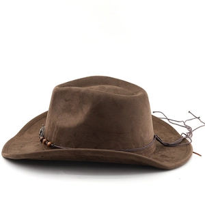 Detailed close-up of dark brown suede western hat with wooden beads and tassels