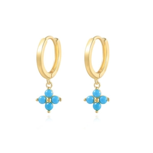Goldene Kleeblatt-Creolen mit hellblauen Zirkonia-Kugeln und edler Spiegelreflexion