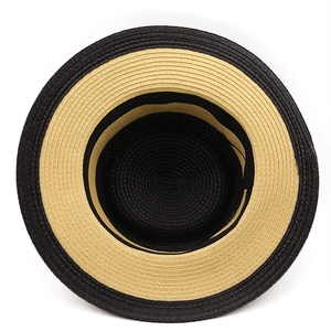 Chapeau de paille canotier à calotte plate bicolore noir et beige pour femmes