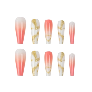 Long coffin press-on nails featuring coral pink gradient with gold glitter marble patterns