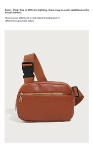 Detail of adjustable strap and secure buckle on caramel pebbled leather waist bag