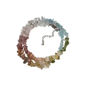 Double-layered colorful irregular stone beaded bracelet with adjustable silver clasp