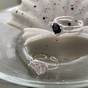 925 Sterling Silver Heart Zircon Adjustable Open Ring Irregular Lava Texture Minimalist Sweet Style Jewelry For Women