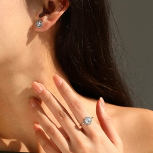 S925 silver vintage octagonal halo ring and stud earrings set worn by a model