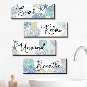 Ocean Theme Bathroom Wall Hanging Plaques Poplar Wood Decorative Signs Coastal Relax Soak Unwind Breathe Mediterranean Style Home Art