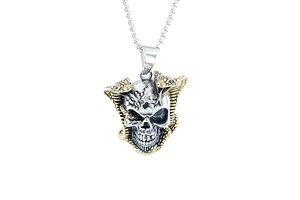 Detailed close-up of a skull and snake pendant in two-tone silver and gold steel