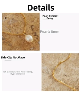 Detail of 8mm pearl pendant on 18K gold plated stainless steel curb bead chain necklace