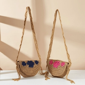 Handmade Woven Paper Straw Crossbody Bag With Crochet Flower Embroidery And Tassels Bohemian Summer Beach Shoulder Purse