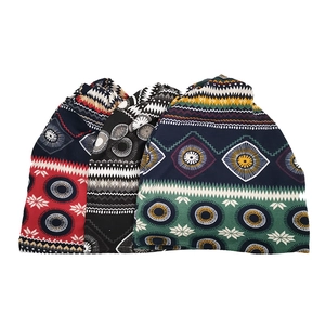 Detailed view of bohemian knit beanies with vintage geometric and snowflake patterns