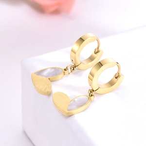 Minimalist gold heart earrings with white shell inlay and delicate Love engraving