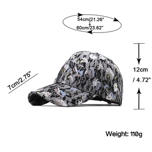 Black lace baseball cap with blue floral pattern showing dimensions and adjustable strap
