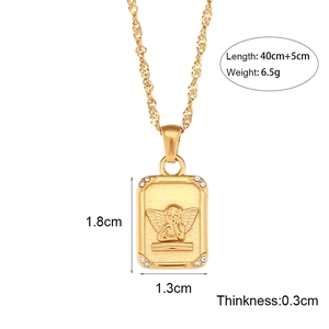 Golden stainless steel angel relief square pendant necklace with zirconia accents