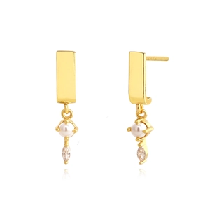 Geometric Rectangle Stud Earrings With 925 Sterling Silver Earring Post Artificial Pearl Zirconia Drop Earrings For Women Jewelry
