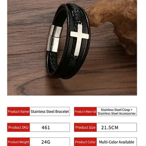 Men's multilayer braided leather bracelet with stainless steel cross and magnetic clasp
