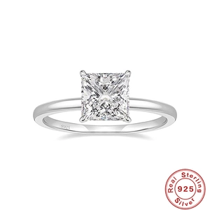 Detail of S925 sterling silver ring with princess cut cubic zirconia diamond