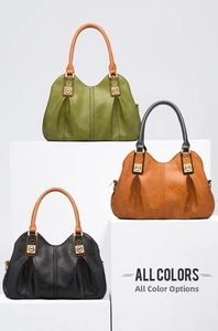 Detailed display of vintage PU leather tote bags in green, brown and black colors