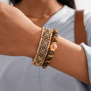 Retro Bangle And Beaded Bracelet Tiger's Eye Citrine Zircon Rhinestone Alloy Copper Hollow Floral Geometric Women Jewelry