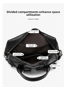 Detailed view of the multi-pocket interior storage with zippers in a black leather backpack