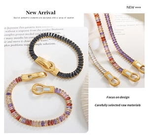 Macro view of baguette-cut colorful zircon stones on gold-plated magnetic belt buckle bracelet