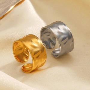 Irregular hammered texture wide open ring in gold and silver finish for women